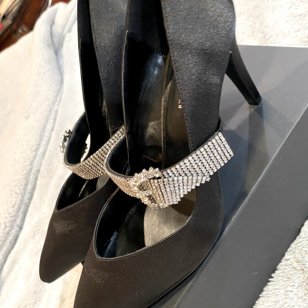 Women’s Satin Black Crystal Buckle Heels size 13 Wide